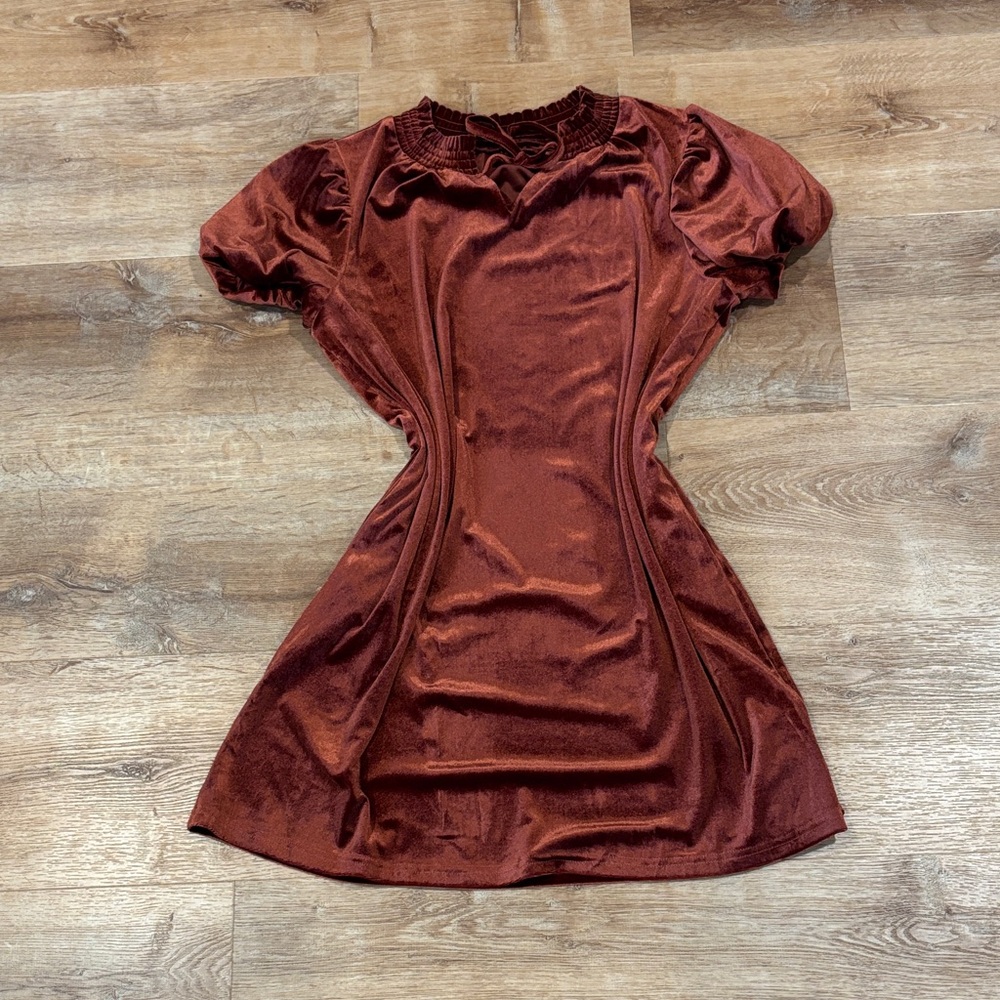 Velvet Short Sleeve Shift Dress in Deep Rust
